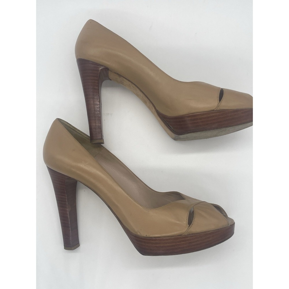 Stuart Weitzman Open Toe Beige Leather‎ Platform Pumps Heels Shoes Sz 9.5 Party